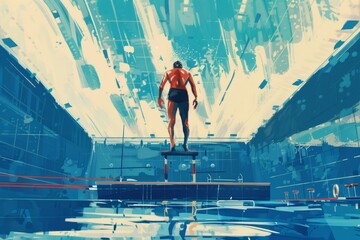 Illustration of an athlete male swimmer jumping into the water from a platform in a swimming pool, swimming competition - obrazy, fototapety, plakaty