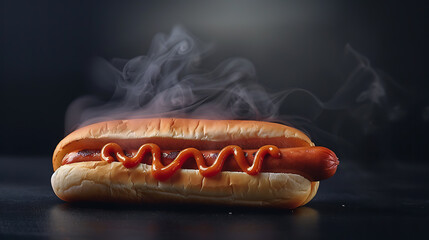Hot dog with smoke on black background, close-up view.