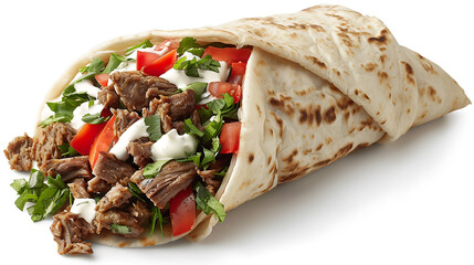 Tortilla wrap with meat and vegetables on a white background.