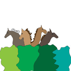 Children's drawing Four horses hiding in the bushes