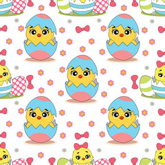 Seamless vector pattern with cute bunnies and chickens on a floral background. Perfect for textile, wallpaper or print design