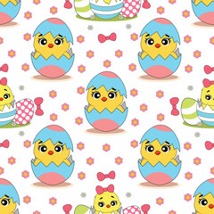 Seamless vector pattern with cute bunnies and chickens on a floral background. Perfect for textile, wallpaper or print design