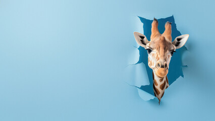 An adorable giraffe face emerges from torn blue paper, conveying playfulness and a touch of the surreal