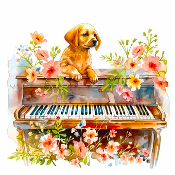 Painting of a dog above a piano with flowers 