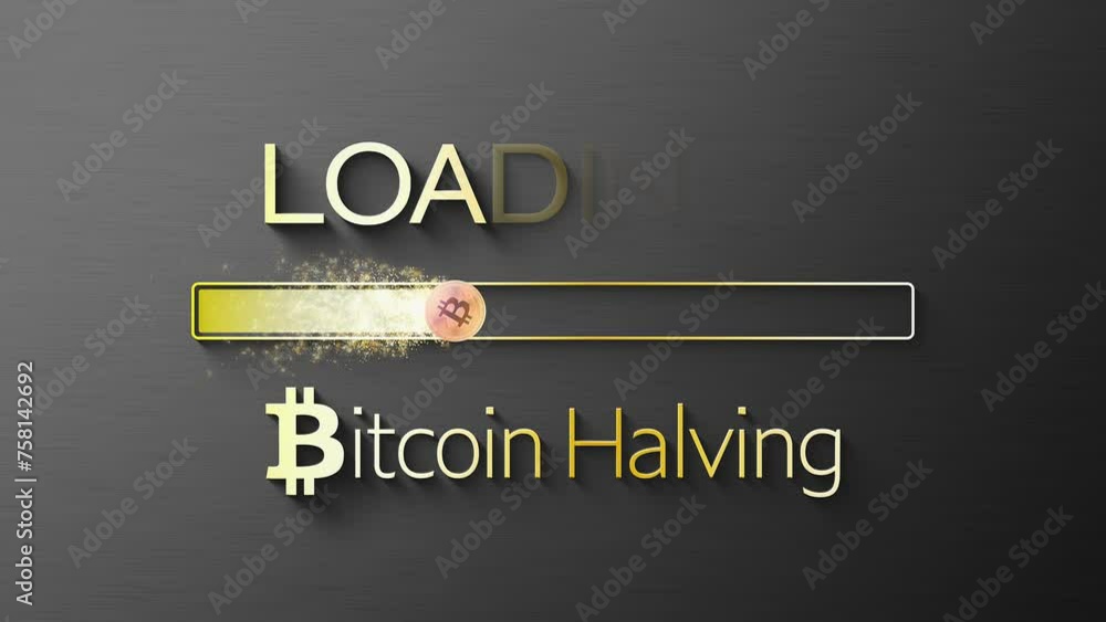 Poster video animation of a loading bar for bitcoin halving - btc crypto coin cracked in two. reward for bi
