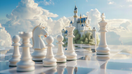 the elegant white chess pieces against a minimal backdrop complemented by a picturesque castle and white clouds