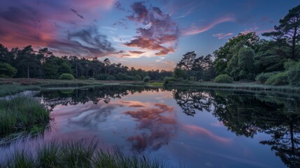 Golden hour glow: summer sunset serenity at mogshade pool, new forest national park, hampshire, uk