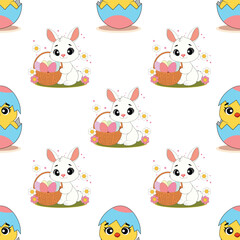 Easter seamless pattern with bunnies and chickens