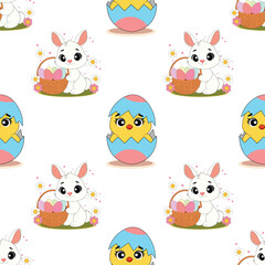 Easter seamless pattern with bunnies and chickens