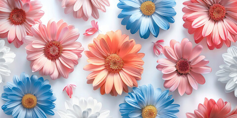 Vibrant Daisy Pattern on White Surface with Blue, Pink, and Red Flowers for Background or Design Concept - obrazy, fototapety, plakaty