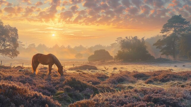 Heather and grazing pony under sunrise at rockford common, new forest, uk