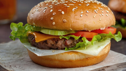 Close-up photograph of a robust burger showcasing a juicy beef patty, crisp lettuce leaf, and melted cheese, capturing the mouthwatering combination of savory flavors and textures, perfect for temptin