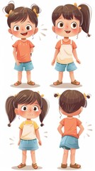 Character illustration of a young girl in different poses on a white background