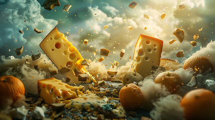 Pieces of cheese falling into the sky, 3d rendering. - obrazy, fototapety, plakaty