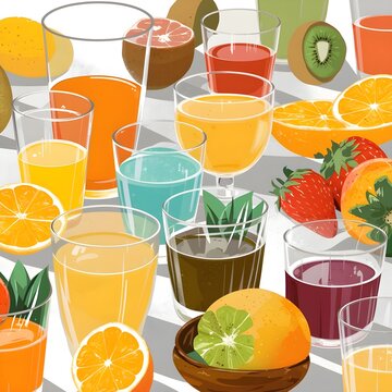 Glasses with different juices and fresh fruits on table ai generated