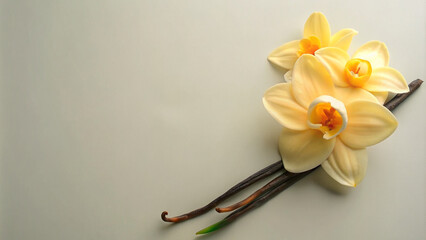 Vanilla Orchid Flowers and Vanilla Pods on Neutral Background
