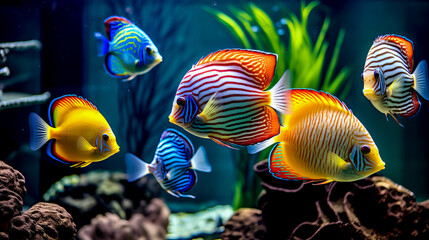 Tropical colorful fish in an aquarium with seaweed.
