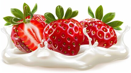 Levitation of milk or yogurt splash with falling strawberries on white background