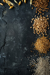 Top view of grains with copy space for text. Food background. Generative AI.