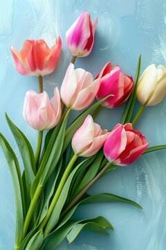 Bouquet of pink and white tulips on a blue background. Greeting card for Mother's Day, Woman's Day, Easter, Valentine's Day, Wedding, and Birthday celebration.