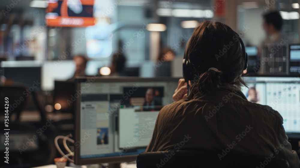 Poster a focused female office employee surrounded by multiple monitors in a dynamic work environment, embo