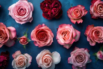 Flowers composition. Red and pink roses on grunge blue background. Flat lay, top view