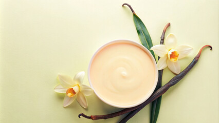 Vanilla Cream with Vanilla Flowers and Pods for Natural Skincare. Top view
