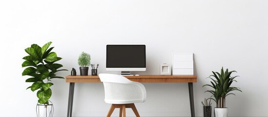 Modern office workspace with computer and desk on white backdrop