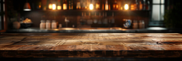  empty wood table top with blurred   shelves full of bottles in the bar background,  for product display montage. Concept for advertising design, layout presentation.banner - obrazy, fototapety, plakaty