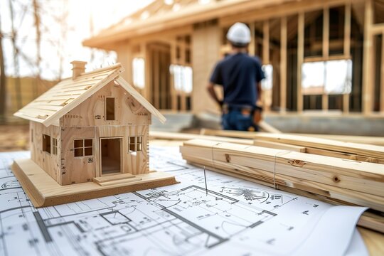 Detailed House Construction Model on Blueprints with Blurred Construction Site Background