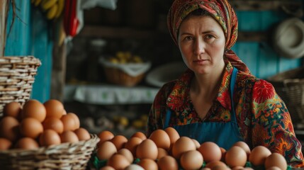 Woman with a headscarf tied around her head sells eggs at the market - obrazy, fototapety, plakaty