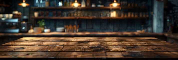  empty wood table top with blurred   shelves full of bottles in the bar background,  for product display montage. Concept for advertising design, layout presentation.banner - obrazy, fototapety, plakaty