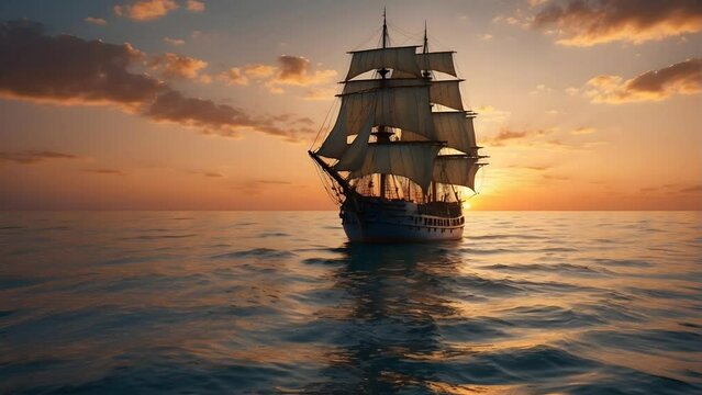 Ship sails on the ocean with a beautiful sunset view background