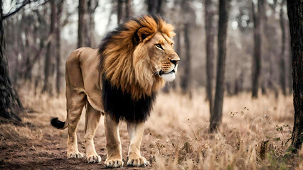 Male lion in the wild. A strong male lion alone in the jungle.