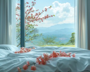 A beautiful minimalist luxury room with fresh nature  and flowers outside of the window