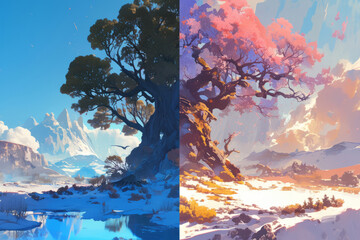 Half tree in winter, half tree in spring and summer, change of seasons weather concept