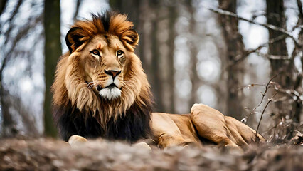 Portrait of a lion. A strong male lion resting in the forest.