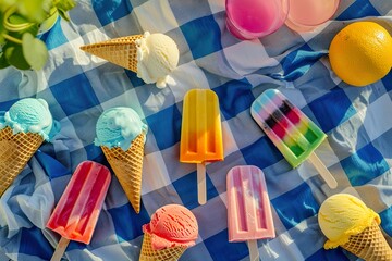 Aerial View of Picnic Mat Featuring Multitude of Ice Creams and Popsicles. Summer's Arrival Concept