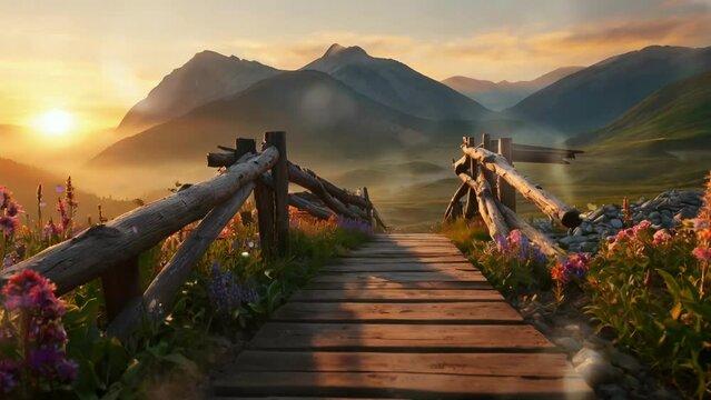 A rustic wooden bridge with flowers and butterflies stretches over a misty valley, leading to the sunset. Seamless looping 4k video animation.
