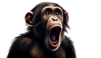 A monkey with a astonished, Wow expression, mouth wide open, and intense gaze. Chimpanzee with a scared expression and open mouth