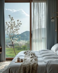 A beautiful minimalist luxury room with fresh nature  and flowers outside of the window