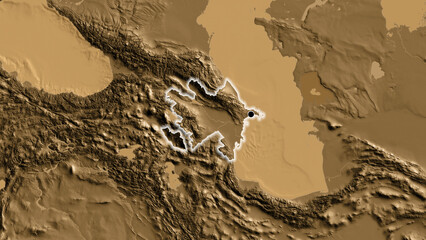 Shape of Azerbaijan. Glowed. Sepia elevation. © zelwanka