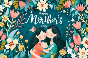 Fototapeta premium Mother's day wallpaper with a woman hugging her daughter and son surrounded by flowers and the text 