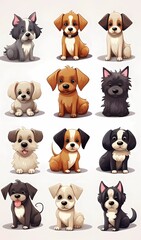 2D illustration: different cute dogs on a white background