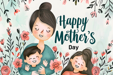Mother's day wallpaper with a woman hugging her daughter and son surrounded by flowers and the text "Happy Mother's Day". Generative AI