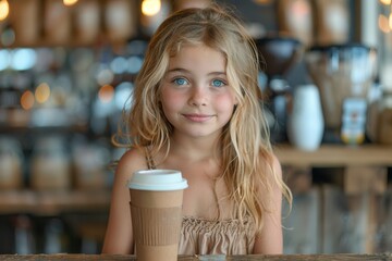 little girl drinks cocoa. A cute 10-year-old girl in a summer sundress drinks coffee in a coffee shop. no inscriptions, no logos. - obrazy, fototapety, plakaty
