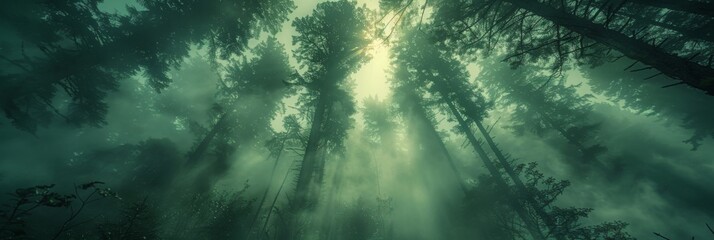 Dark green forest with creeping fog, view from the ground. go-pro shot