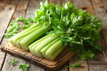 One bunch of juicy celery lies on a brown cutting board.