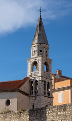 Fototapeta na wymiar Roman forum of the beautiful Croatian city of Zadar, Stup srama (Pillar of shame), Church of St. Elijah, the Crkva sv. Donata, Church of St. Donatus of Zadar, Cathedral Tower, Croatia.