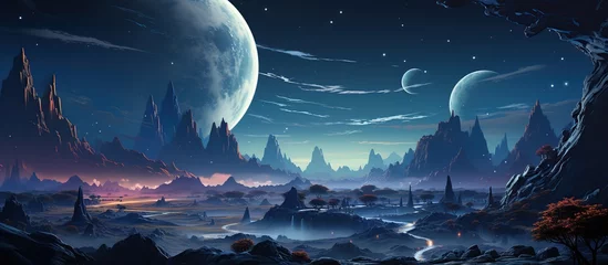 Gordijnen Space background with landscape of alien planet © nahij